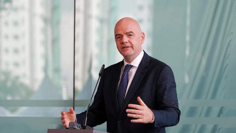 FIFA President Gianni Infantino speaks during an inauguration ceremony for the new building of...