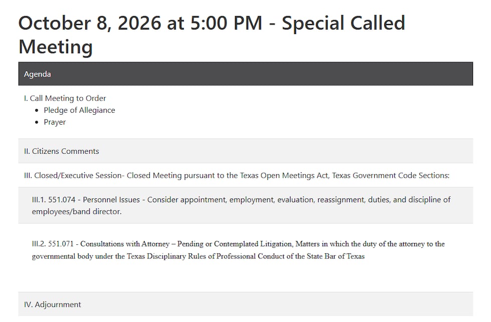 Agenda for special called meeting with Post ISD board.