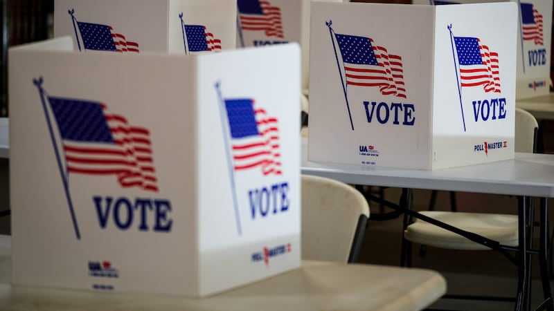 FILE- Voting booths are set up at a polling place in Newtown, Pa, April 23, 2024.