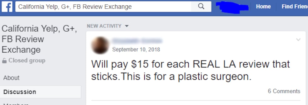 Una publicación en Facebook que ofrece dinero a cambio de reseñas por $15. Kay Dean expuso...