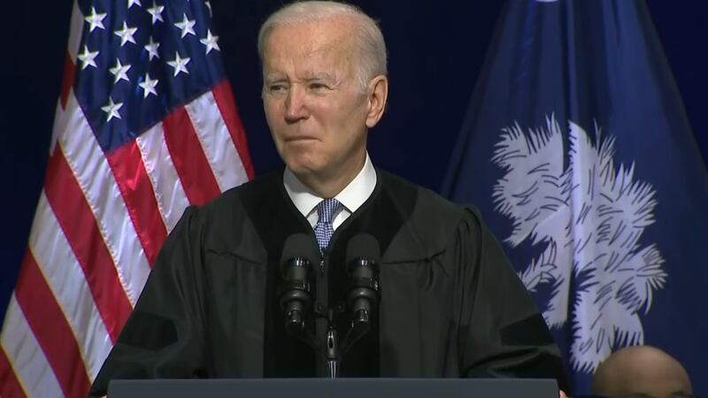 President Joe Biden addresses graduates at SC State University on Dec. 17, 2021.