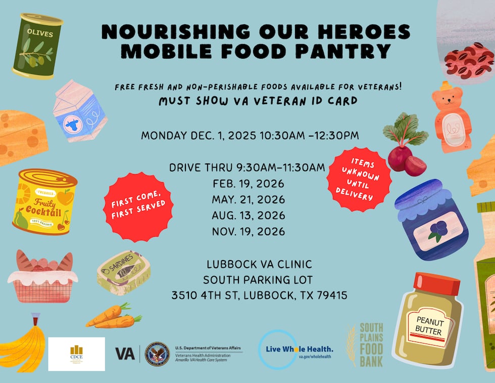 The Lubbock VA Clinic’s Whole Health Department will host a mobile food pantry for area...